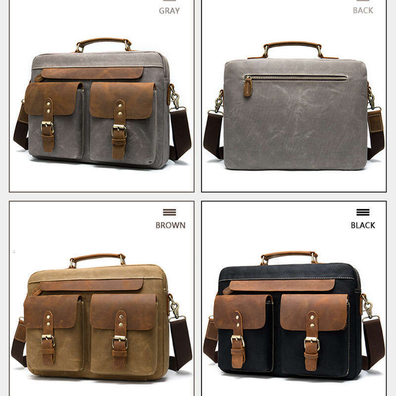 Crazy Horse Leather Handbag Cowhide with Fabric Briefcase Business 14inch Laptop Men's Official Bag Trendy