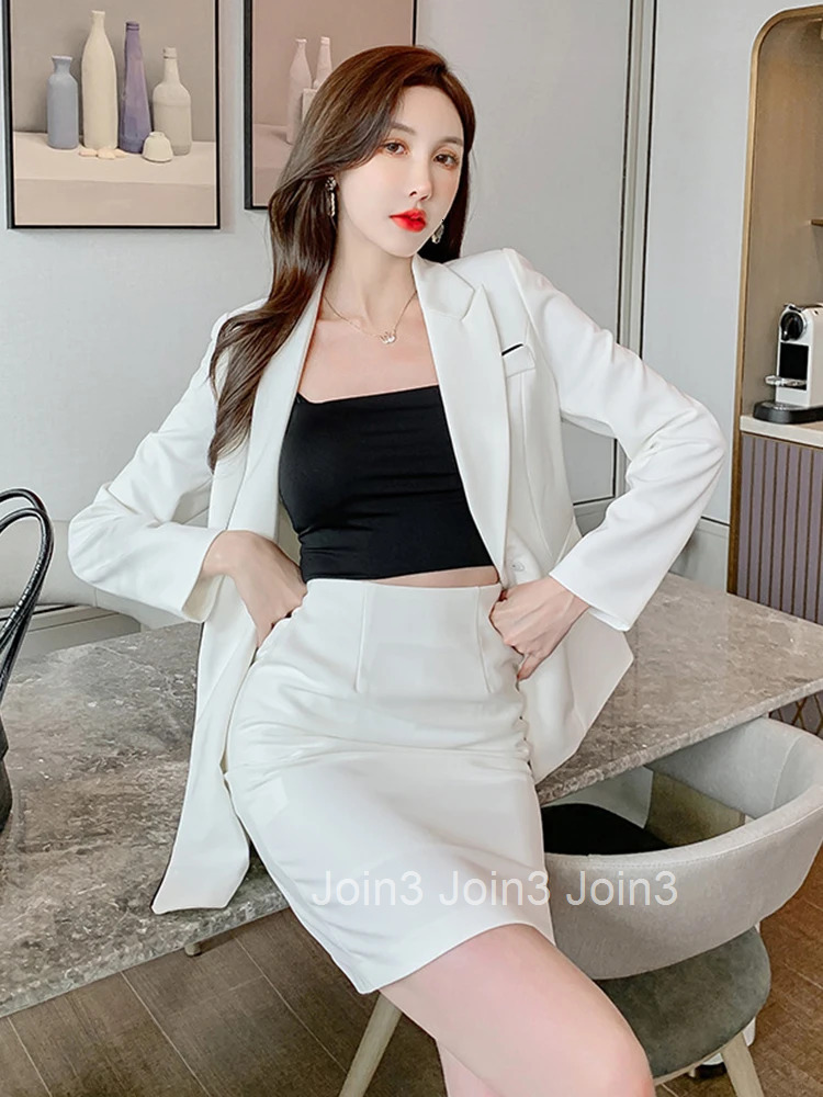 Fashion Korean Style Vintage Women White Temperament Notched Neck Coat Jacket Suit Blazer High Waist Skirt Female 2 Pieces Set