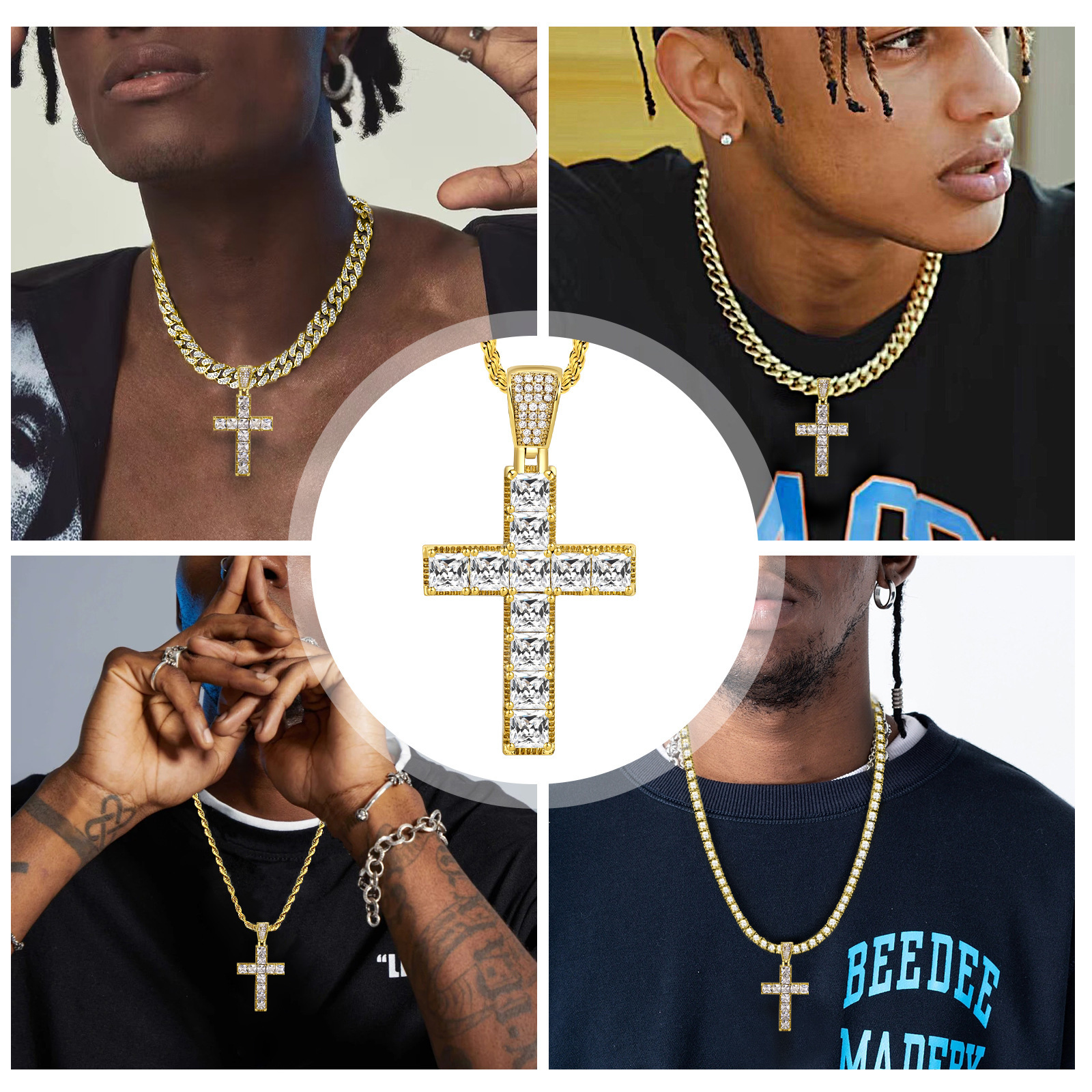 Hip Hop Jewish Cross Pendant Moissanite Diamond Inlaid Men's Cuban Link Trendy Religious Statement Necklace Pass the diamond tester