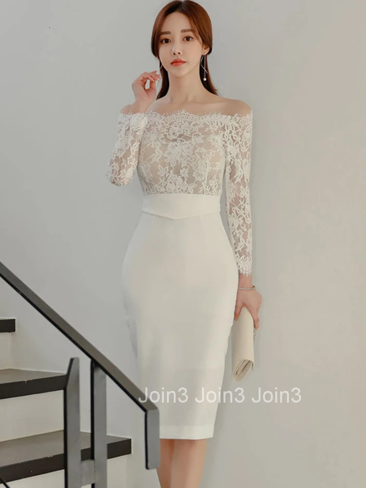 Fashion Korean Spring Autumn Elegant Women Dress Mujer Chic Lace Sheer Sexy Off-Shoulder Midi Dresses Party Club Prom Vestidos
