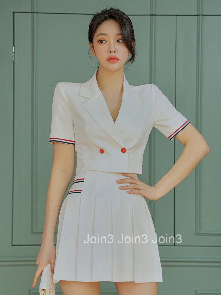 New Summer 2 Pieces Outfit Suits Women Temperament Formal Short Cropped Tops Coat Blazer Suit High Waist Pleated Mini Skirt Sets