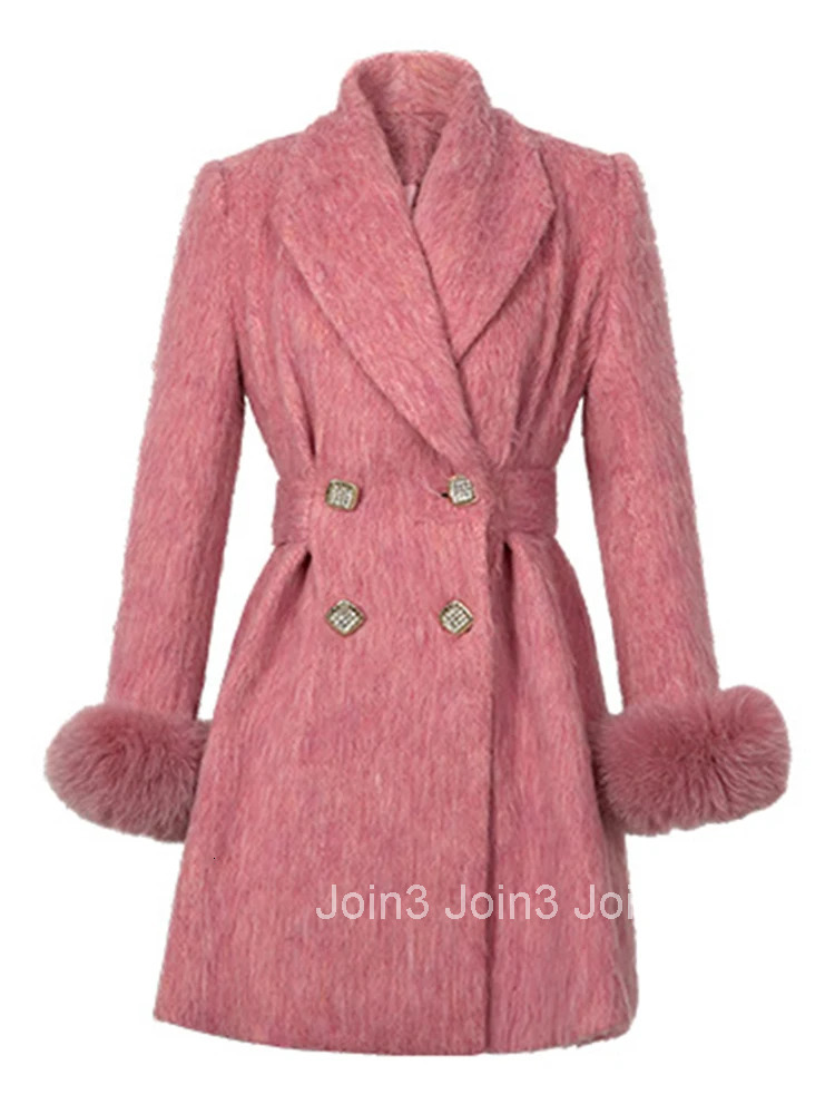 Women Clothes Sweet Pink Wool Double-Breasted Jacket Elegant Hairy Long Sleeve Slim A-Line Coat Outerwear Autumn Winter Casual