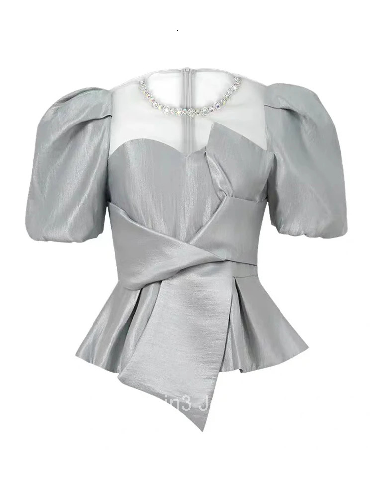 New Elegant Luxury Diamonds Satin Solid Short Shirt Women Clothes Retro Puff Sleeve Slim Folds Sweet Bow Mujer Tops Prom Blouse