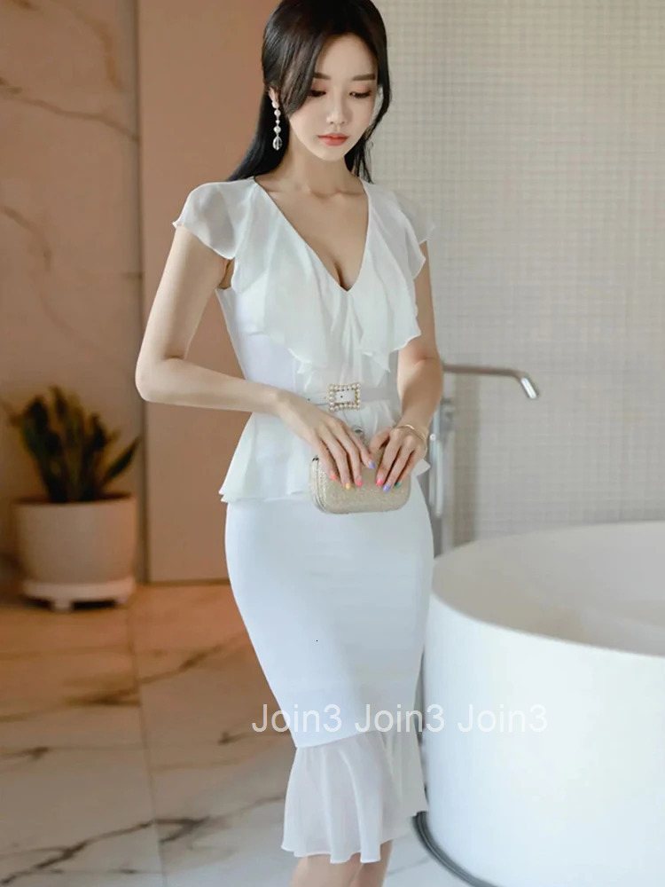 New Summer Fashion White Work Style Formal Mermaid Dress Women Clothes Elegant Office Sweet Ruffle Sexy V-Neck Slim Midi Vestido