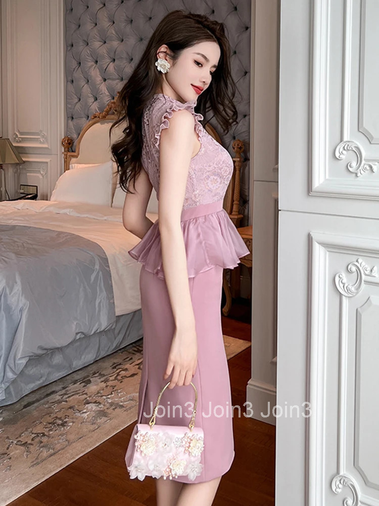 New Summer Elegant Office Women Evening Dress Chic Lace Pink Sheer Sexy Hollow Slim Midi Pencil Party Prom Femme Mujer Vestidos