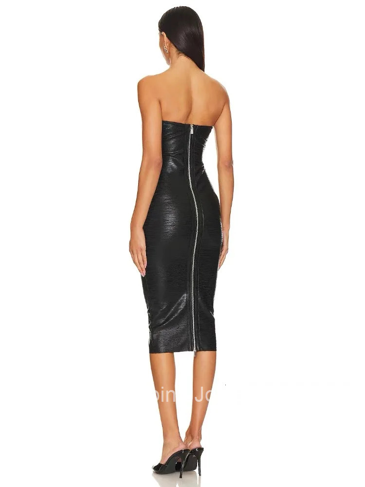 2025 New Arrival Elegant Black Strapless Satin Bodycon Dress Sexy Evening Gown for Paty/Wedding/Prom Slim Fit with Slit