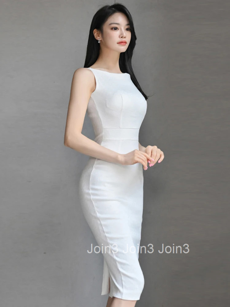 New Summer Fashion White Work Style Formal Pencil Dress Women Clothes Elegant Office Simple Sexy Sleeveless Slim Midi Vestidos