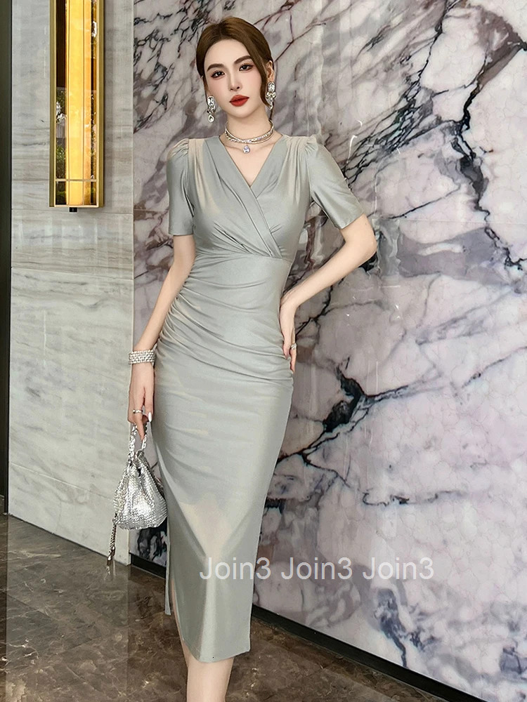 Summer Work Style Formal Business Pencil Dress Women Clothes Mujer Elegant Office Commute V-Neck Folds Party Vestidos Stretchy