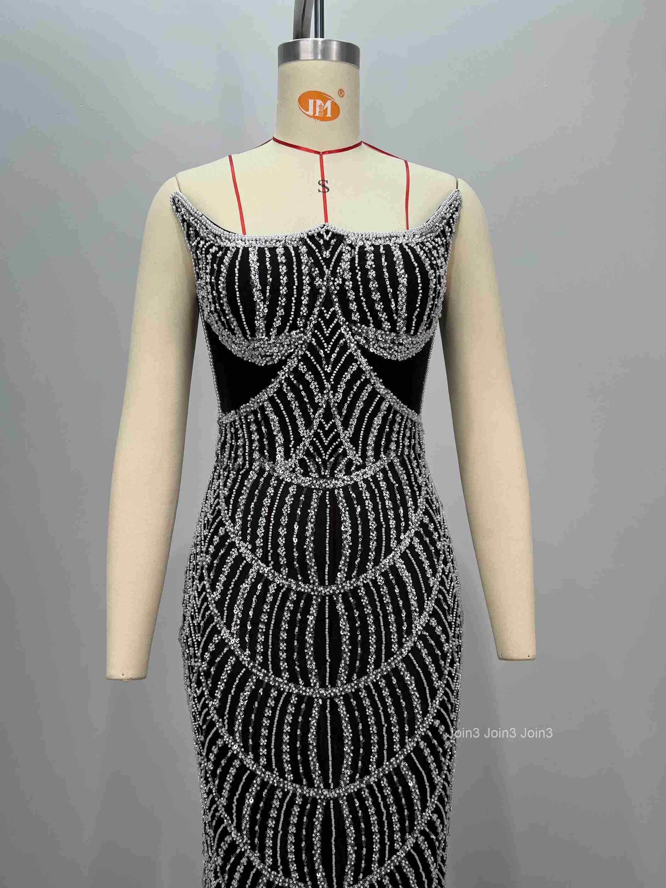 Sexy Backless Sheer Mesh Hollow-out Pearl Strapless Slim Long Evening Gown