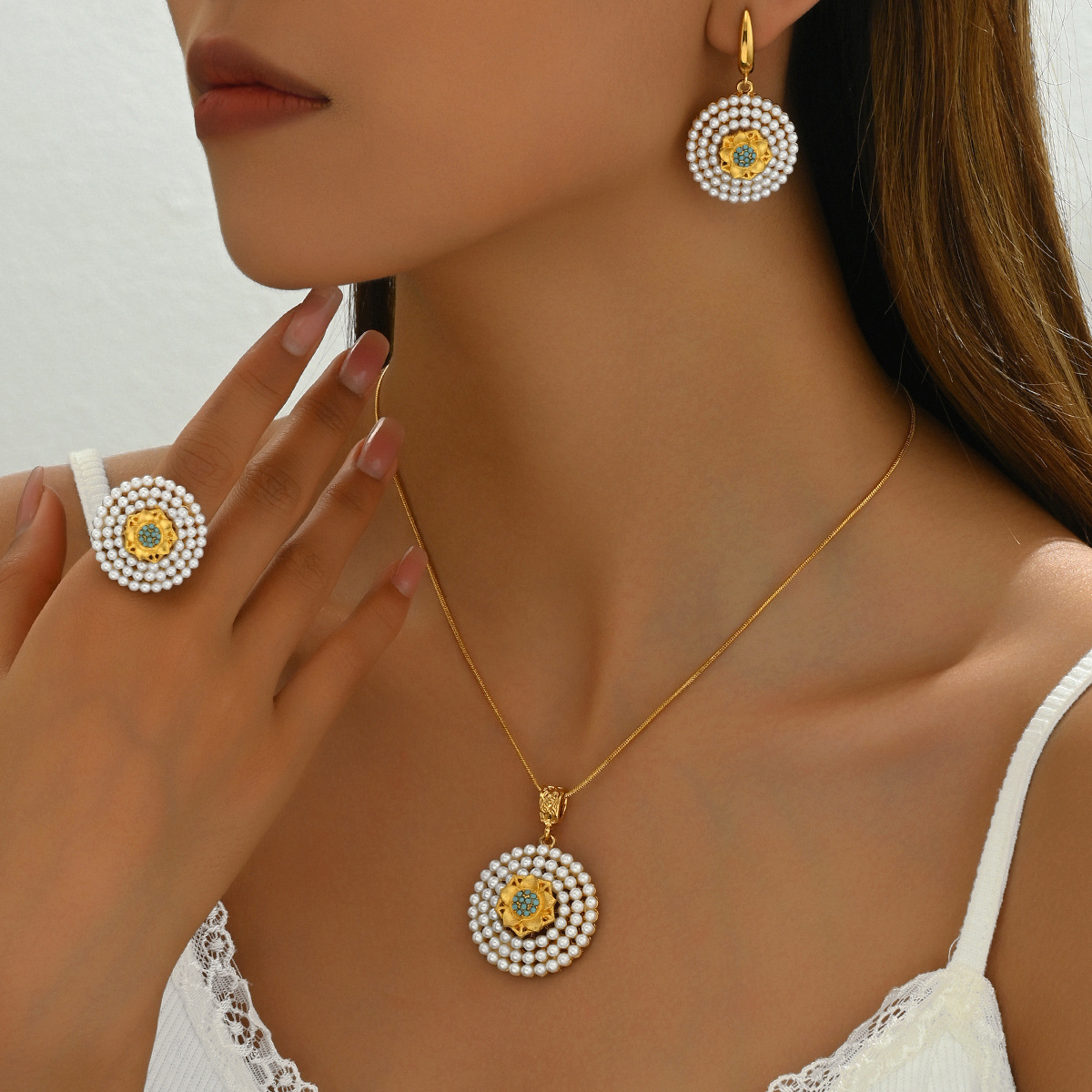 Minimalist Style Jewelry Set Inlaid Pearl Necklace Ring Design Earrings For Women