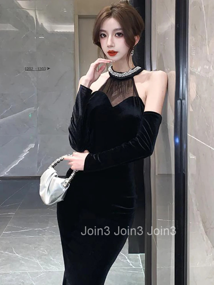 New Fashion Black Velvet Evening Dress Women Clothes Elegant Sexy Off-Shoulder Skinny Midi Robe Party Club Prom Vestidos Fiesta