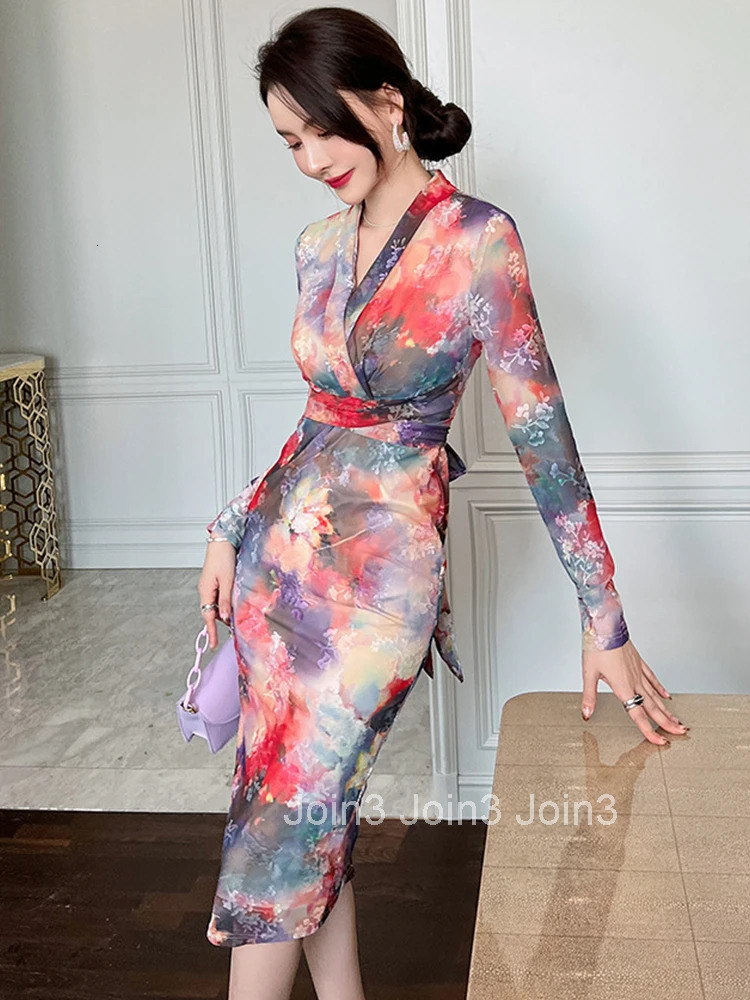 Elegant Dress For Women 2022 V-Neck Floral Mesh Lace-up Midi Club Lady Coffee Break Robe Bodycon Skinny Runway Female Dress Slit