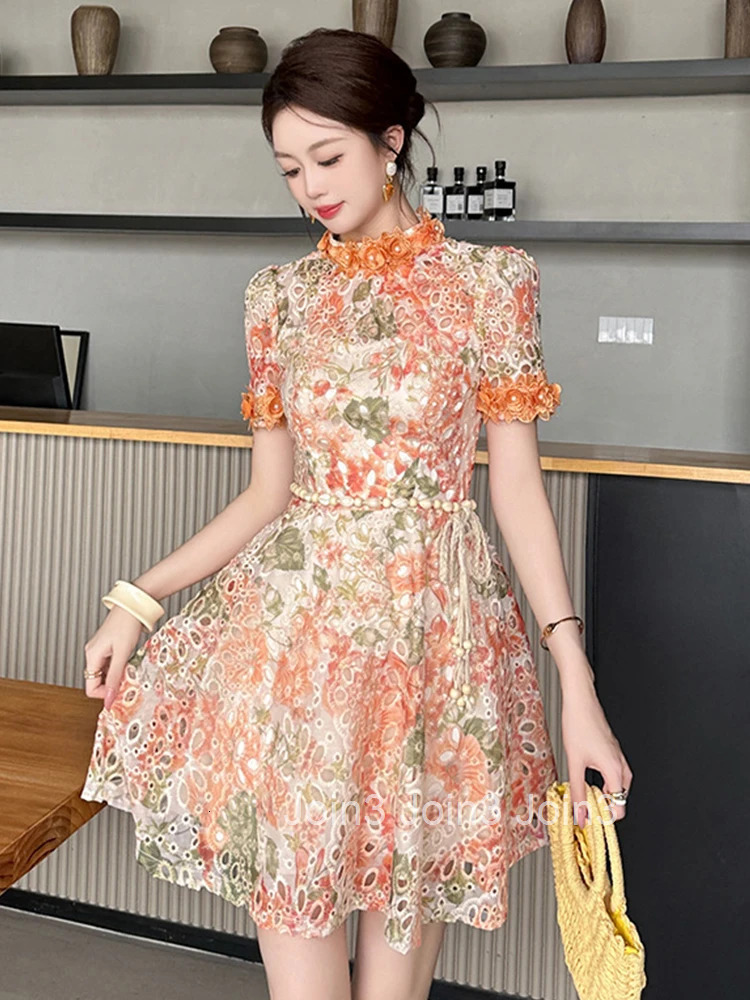 Elegant Floral Embroidery Summer Fashion Vacation Short Dress Women Clothes Short Sleeve Slim A-Line Party Prom Vestidos Fiesta
