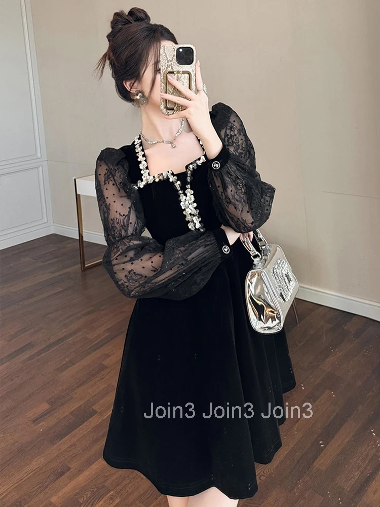 Women Clothes Vintage Black Sexy Square Neck Slim Mini Short Dress Elegant Luxury Ladies Fashion Party Prom Vestidos Spring New