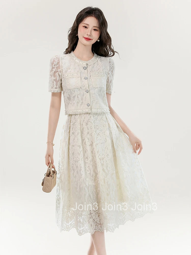 Women Clothes Sweet Lace Floral Outfits Elegant Single Breasted Tops Shirt Blouse And A-Line Skirt Mujer 2 Pieces Set Casual New