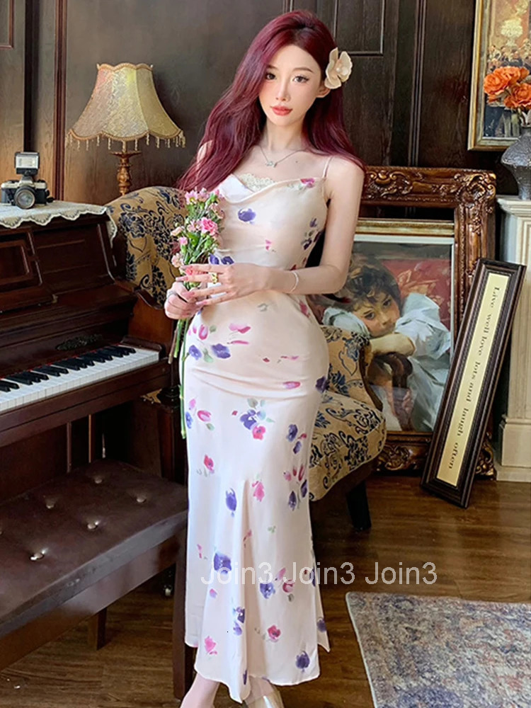 New Summer Sweet Floral Print Vacation Long Dress Women Clothes Mujer Elegant Strap Sleeveless Slim Mermaid Robe Party Vestidos