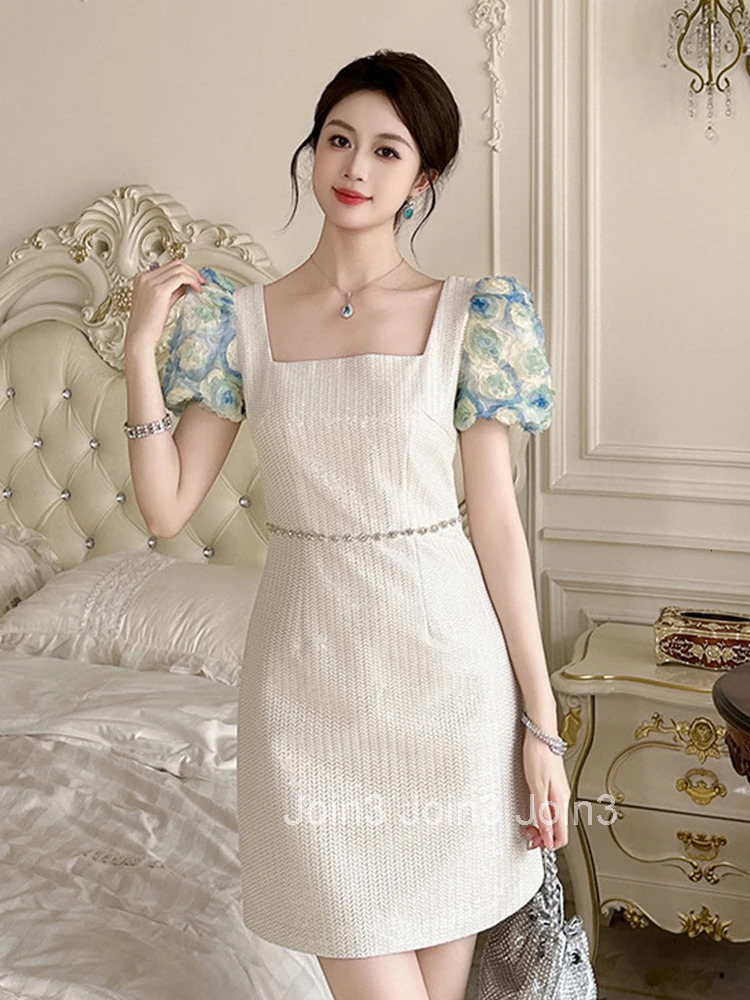 New Fashion Silver Shiny Bright Silk Summer Evening Dress Women Clothes Elegant Sweet Floral Puff Sleeve Slim Party Prom Vestido