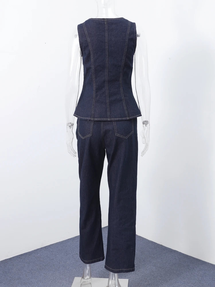 Trendy Womens Denim Suits Set With Chic Button Details Sling Crop Top Matching High Waist Straight Leg Jeans Casual Outfits 250616