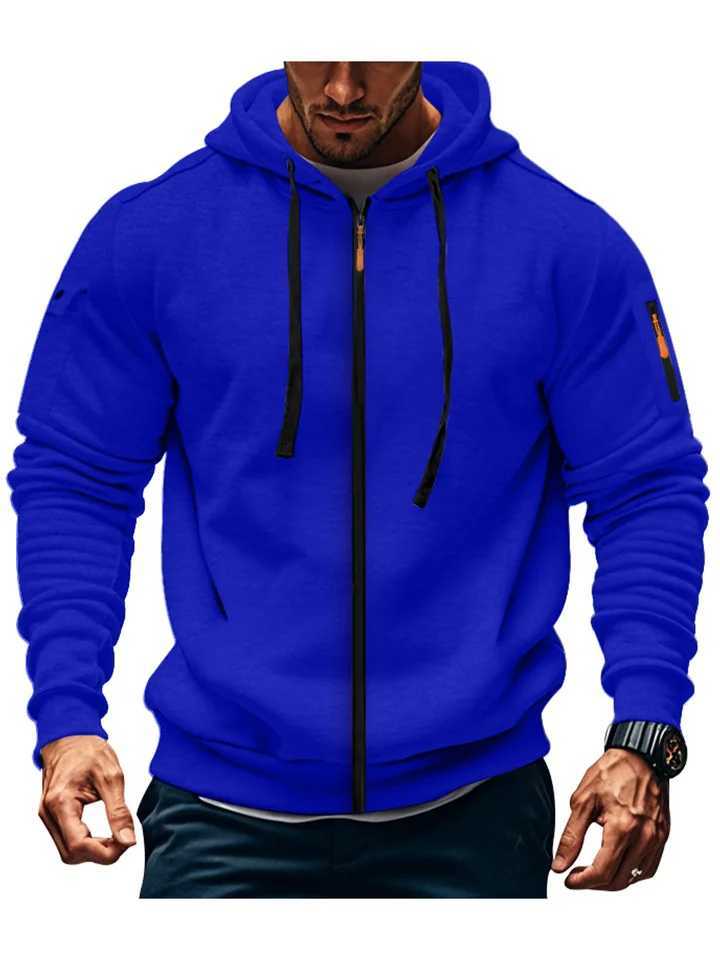 Mens casual kangaroo pocket zipper hoodie - solid color long sleeve autumn and winter sports casual simple fashion W250623