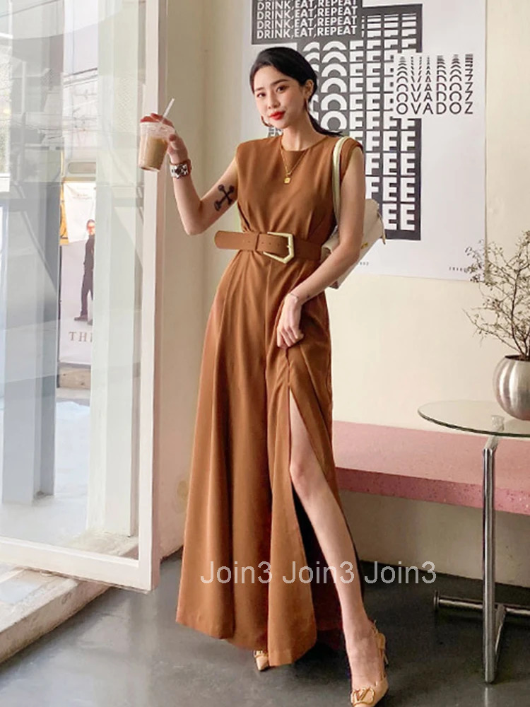 New Korean Fashion Summer Elegant Women Wide Leg Loose Jumpsuit Chic Sexy Sleeveless Belt Slit Long One Piece Romper Beach Party
