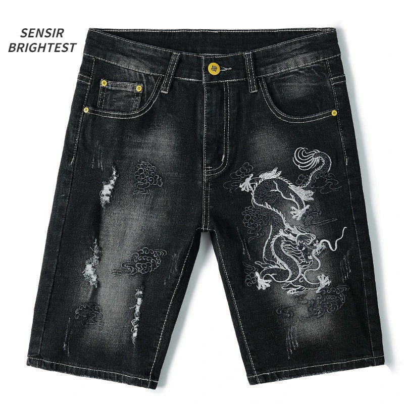 Summer Embroidered Eagle Denim Shorts Mens Summer Thin Fit Good Quality Ripped Five Points Pirate Shorts 250618