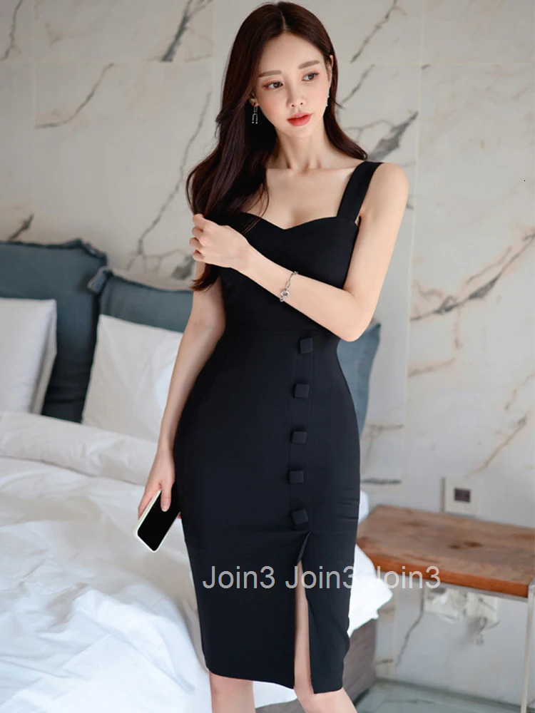 Black 2 Piece Outfit Office Women Temperament Notched Neck Button Short Tops Coat Suit Outwear Strap Sleeveless Slit Dress Suits