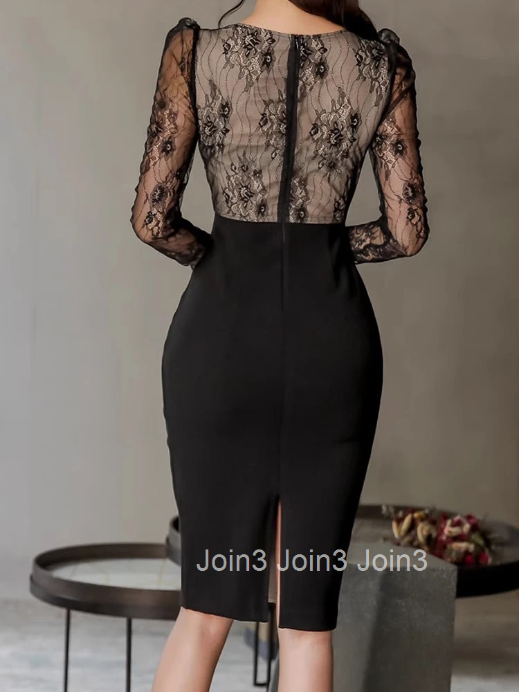 New Fashion Lady Fake 2 Pieces Formal Pencil Dress Women Clothes Mujer Elegant Office Sheer Sexy V-Neck Slim Midi Party Vestidos