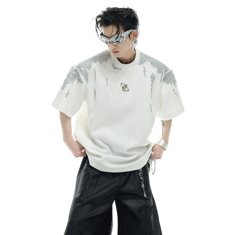 LUZHEN Handsome Streetwear Sequin Patchwork Pattern Short Sleeve T-shirts Men Summer Loose Shoulder Pad Fashion Tops JY1402 250616