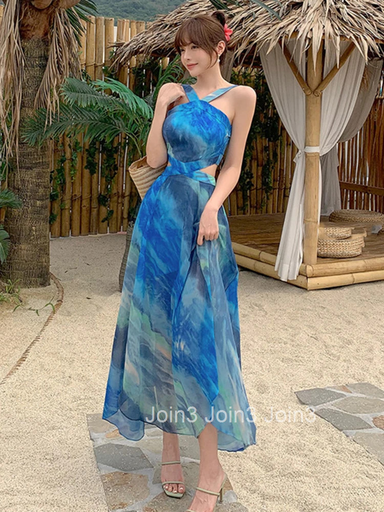 New Summer Fashion Print Vacation Long Dress Women Clothes Elegant Hollow Sexy Sling Slim Maxi A-Line Party Prom Vestidos Robe