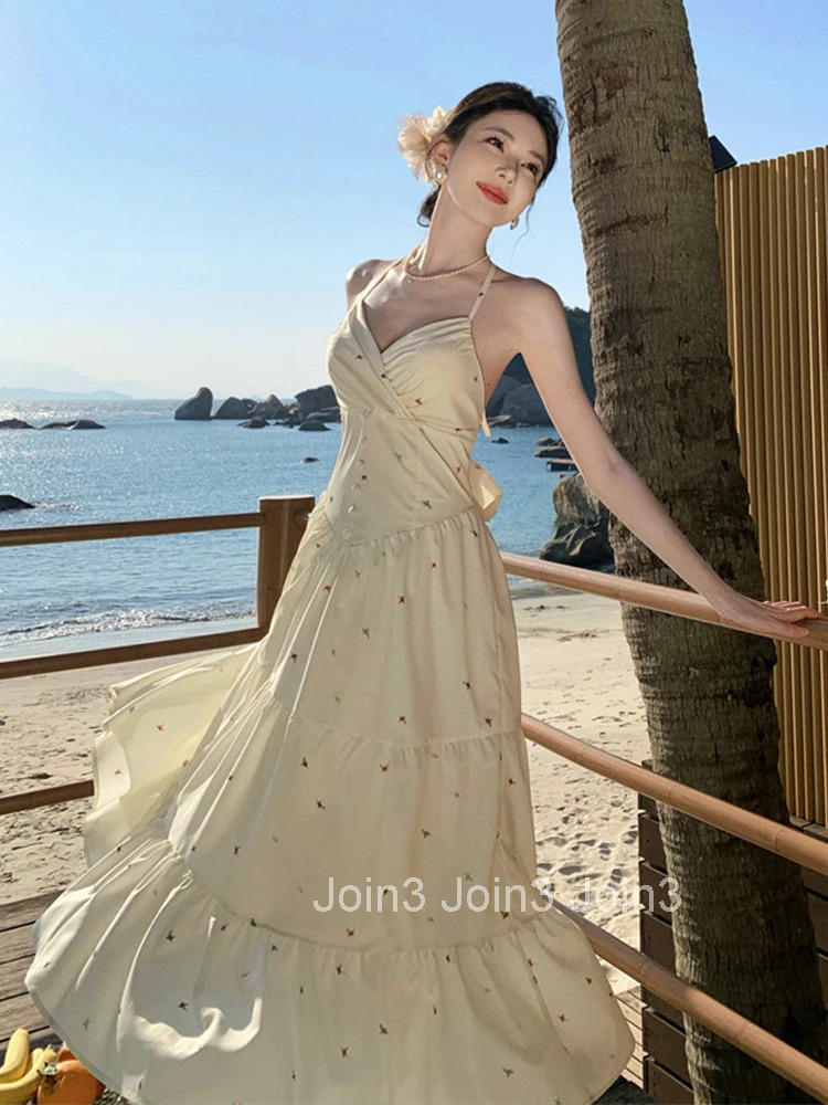 Women Vacation Clothes Sweet Print Sexy Halter Backless A-Line Maxi Long Dress Elegant Fashion Party Prom Vestido Robe Beach New