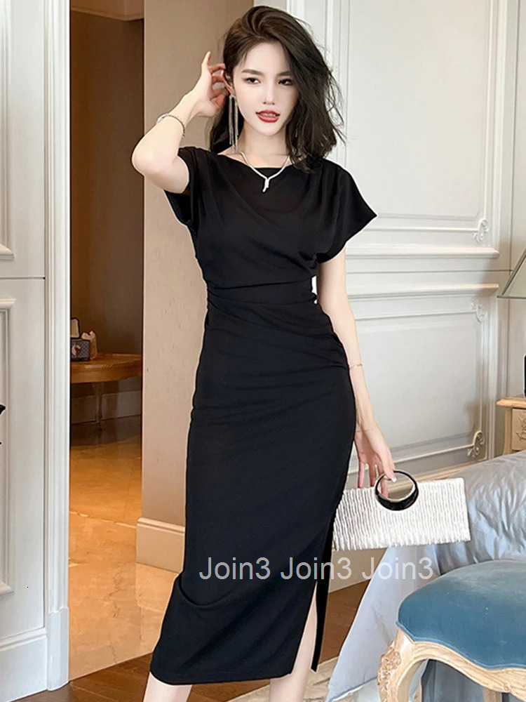 Summer Formal Occasion Long Pencil Dress Women Elegant Office Casual O-Neck Wrap Hip Slit Midi Robe Femme Mujer Vestido Clothing