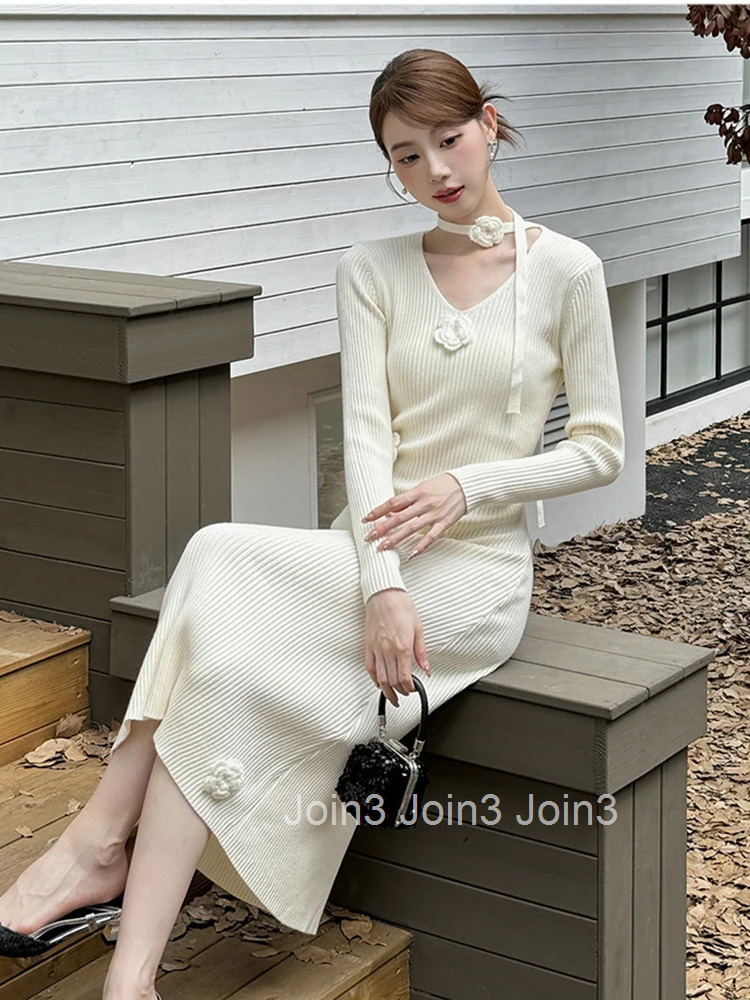 New Fashion Autumn Winter Floral Knitted Stretchy Dress Women Clothes Sweater Casual Solid V-Neck Skinny Midi Robe Mujer Vestido