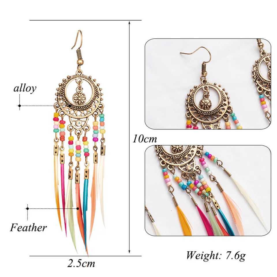 Bohemian Feather Earrings 2024 Ethnic Vintage Rainbow Colorful Beads Feather Tassel Earrings For Women Ethnic Jewelry XJ250623