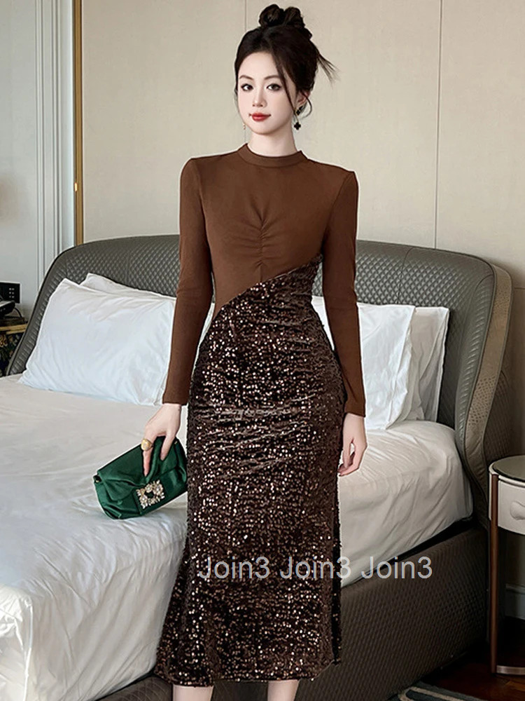 Women Clothes Sparkly Sequin Stand Neck Skinny Midi Fishtail Dress Elegant Luxury Ladies Fashion Party Prom Vestidos Spring New