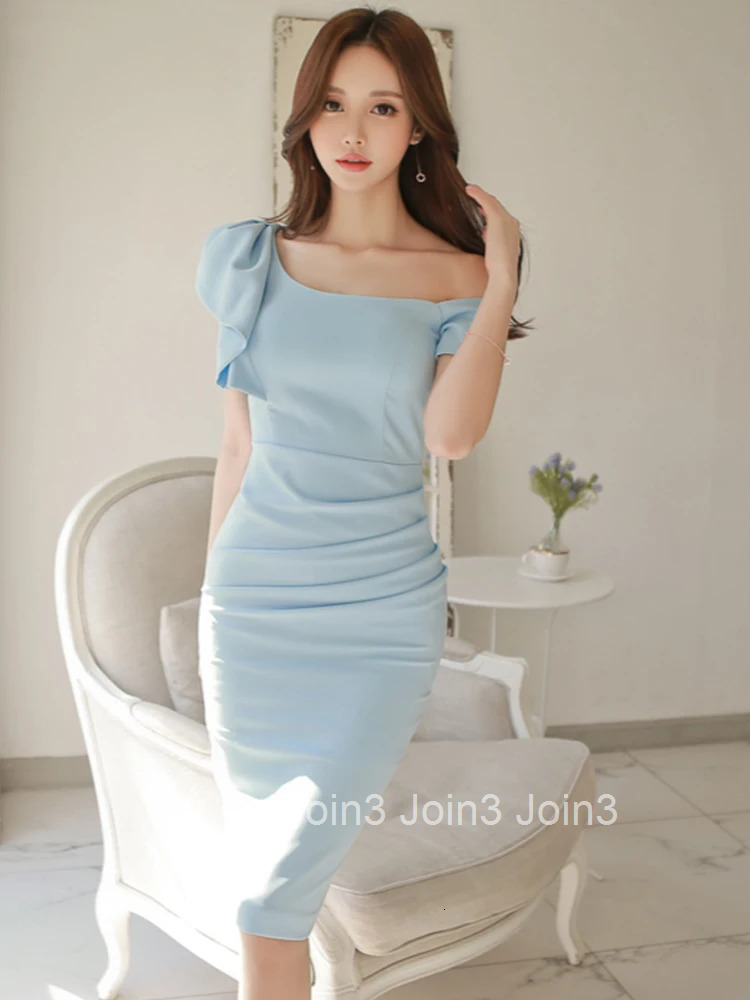 New 2023 Korean Fashion Summer Women Evening Dress Chic Sexy Diagonal Collar Hollow Slim Midi Pencil Party Prom Mujer Vestidos