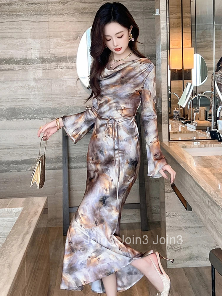 New Spring Autumn Casual Satin Print Fishtail Dress Women Clothes Elegant Lady Retro Flared Sleeve Slim Midi Robe Party Vestidos