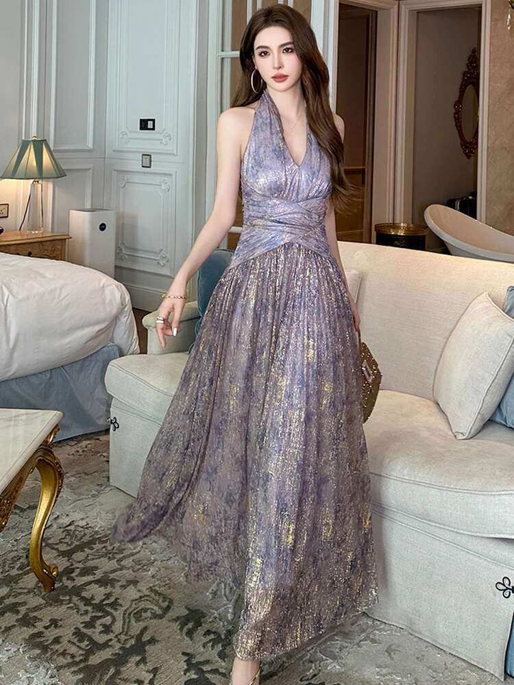 Summer Sparkly Evening Long Dress Women Clothes Elegant Sexy Halter Backless Slim A-Line Party Prom Vestidos Robe Vacation Beach