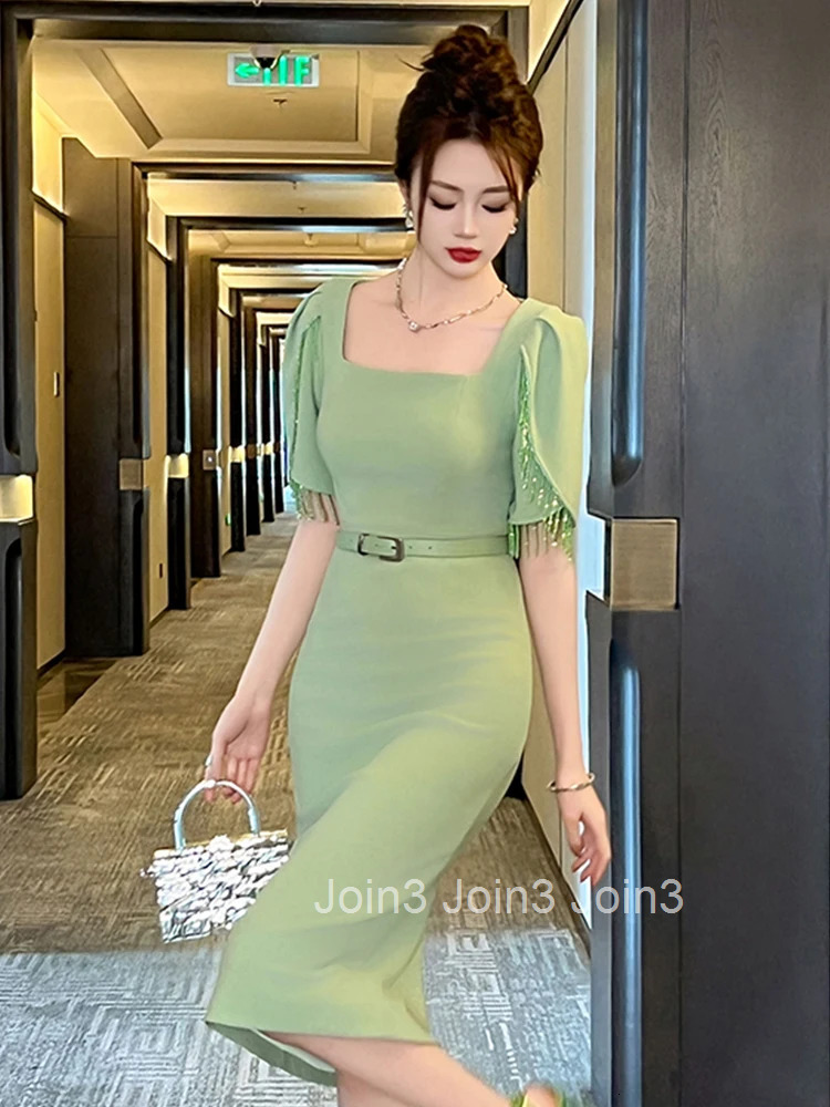 New Summer Fashion Solid Formal Occasion Evening Dress Women Clothes Elegant Luxury Square Collar Slim Midi Party Prom Vestidos