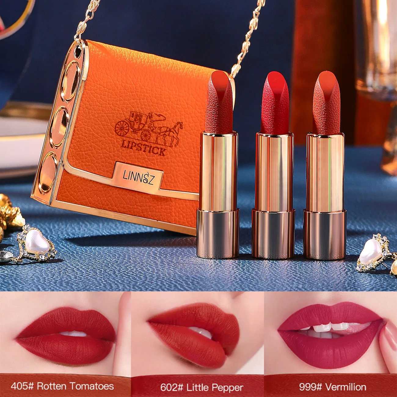 Matte Lipstick with Chain Bag Set Non-Fading Non-Stick Cup Long-Lasting Velvet Finish Smooth Matte Lip Color Waterproof XJ250623