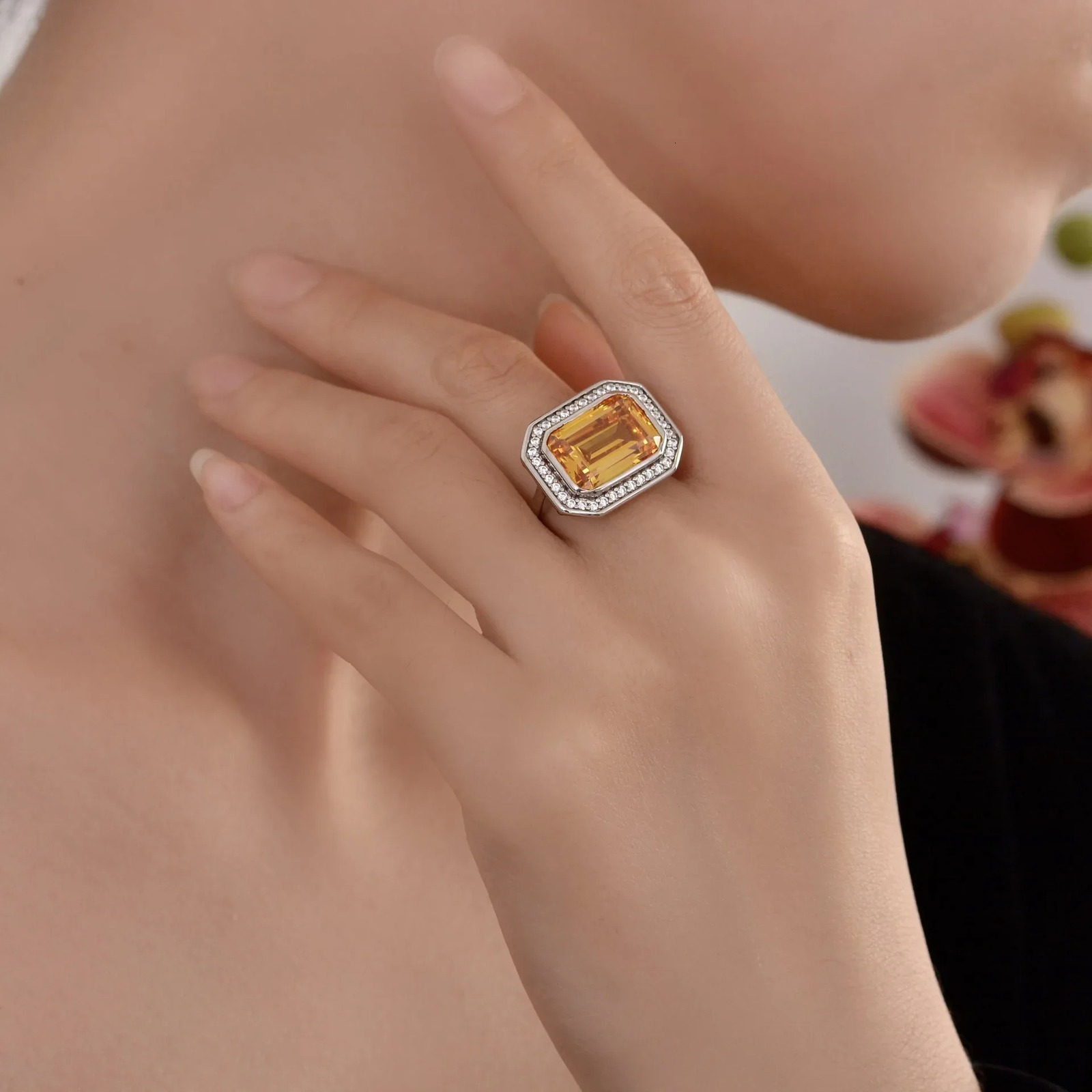 PANSYSEN 925 Sterling Silver 10*14MM Emerald Cut Citrine High Carbon Diamond Gemstone Ring For Women Party Fine Jewelry 250617