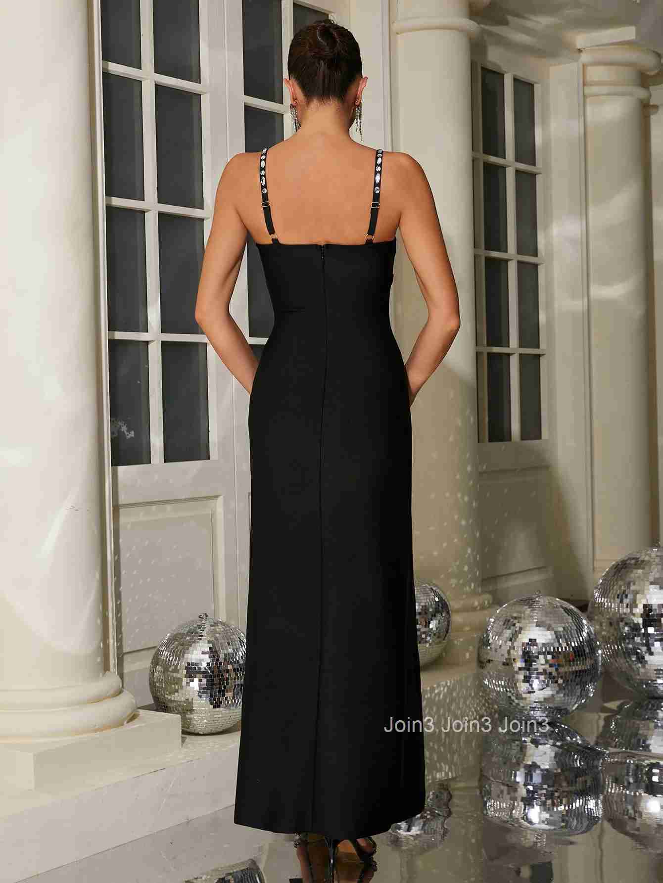 Fashion Diamond Decoration Black Camisole Long Skirt For Women Sleeveless Sexy Mesh Splicing High Slit Bandage Dress Cocktail