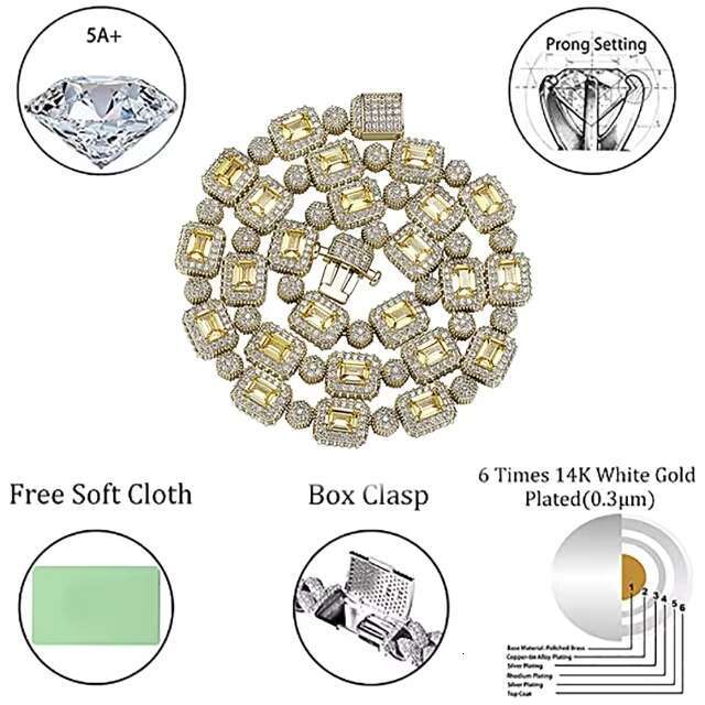 Custom Tennis Chain Moissanite Yellow VVS 925 Sterling Sliver Colored Red Blue Green Moissanite Necklace Hip Tennis Link Chain