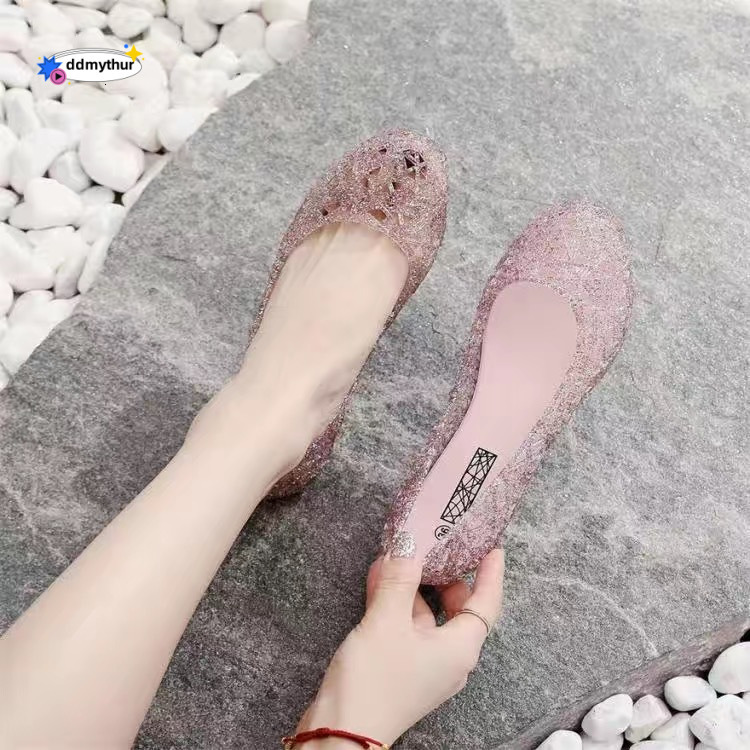 High-end Crystal Versatile Non-slip Closed-toe Sandals Hollow Flat Jelly Women's Shoes Bird's Nest Beach Clogs ddmythur