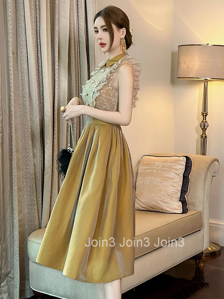 New Summer Fashion Lace Splic Evening Dress Women Clothes Sweet Flying Sleeve Slim Midi A-Line Party Prom Vestidos Fiesta Robe