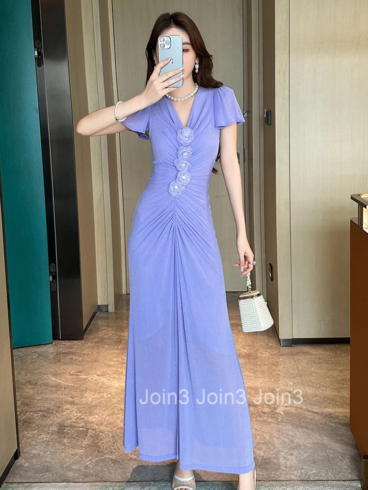 French Romance Purple Vacation Evening Dress Women Stretchy Clothes Elegant Floral V-Neck Skinny Maxi Robe Party Prom Vestidos