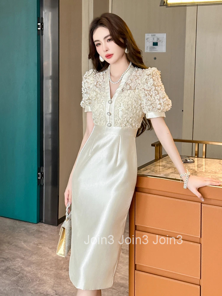 Summer Fake 2 Pieces Elegant Office Formal Occasion Pencil Dress Women Clothes Commute Puff Sleeve Slim High Waist Midi Vestidos
