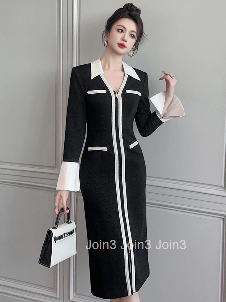 Women Clothes Vintage Business Formal Occasion Flare Sleeve Slim Midi Pencil Dress Elegant Ladies Fashion Vestidos Robe Spring