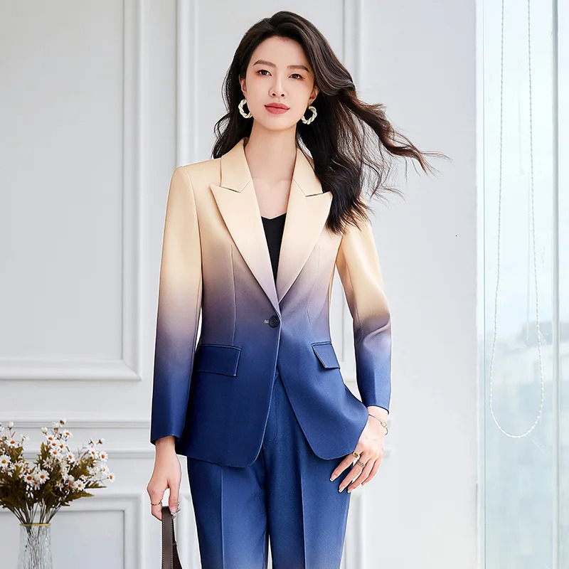 HIGH STREET est Fashion 2024 Suit Set Womens Gradient Color Printed Single Button Blazer Flare Pants 250614