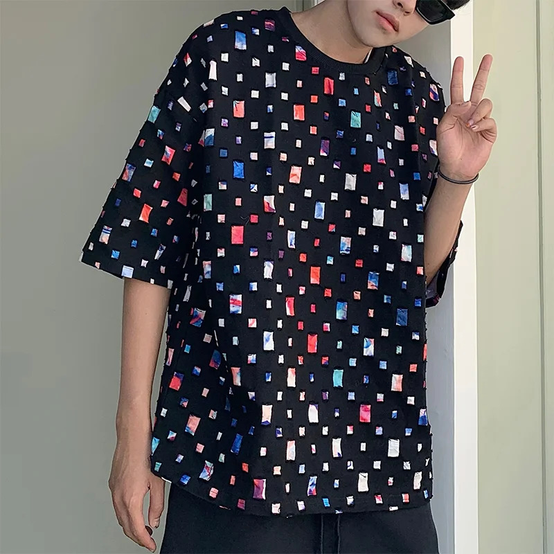 Summer Cotton Short Sleeved T-shirt Men Fashion Colorful Plaid T-shirt Men Streetwear Hip-hop Loose Hollow Out T Shirt Mens Tops 250616