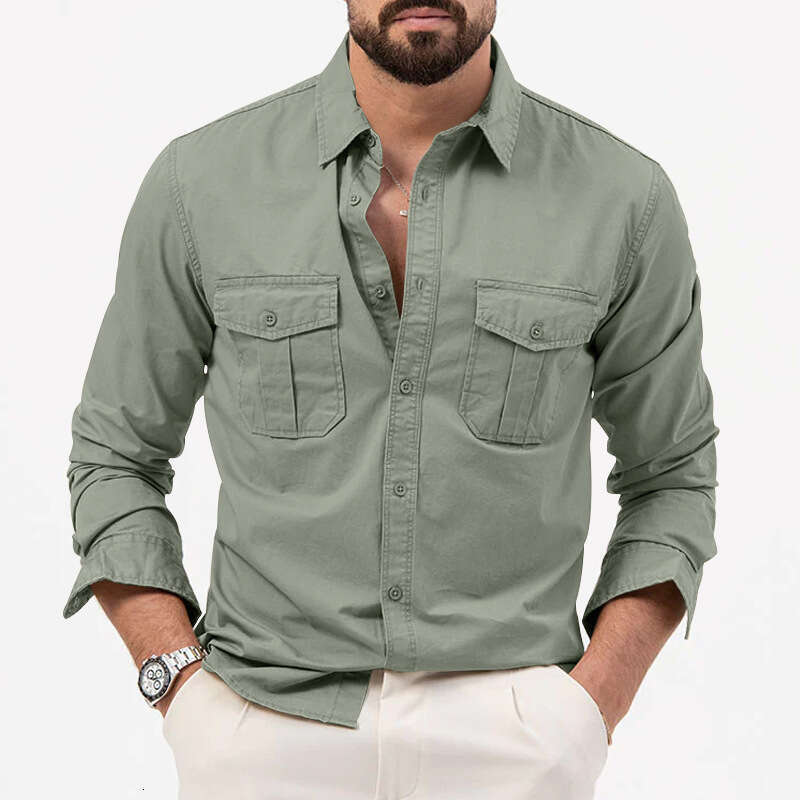 New Cross-Border Trade Simple European and American Men's Shirt with Multiple Pockets Casual Long Sleeve Top for Men